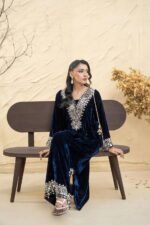 Navy Blue Mirror Work Velvet Kaftan Set - Image 2