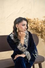 Navy Blue Mirror Work Velvet Kaftan Set - Image 3