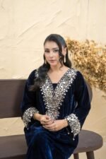 Navy Blue Mirror Work Velvet Kaftan Set - Image 4