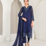 Navy Blue Beaded Embroidered 3 Piece Suit with Sheer Sleeves and Chiffon Dupatta