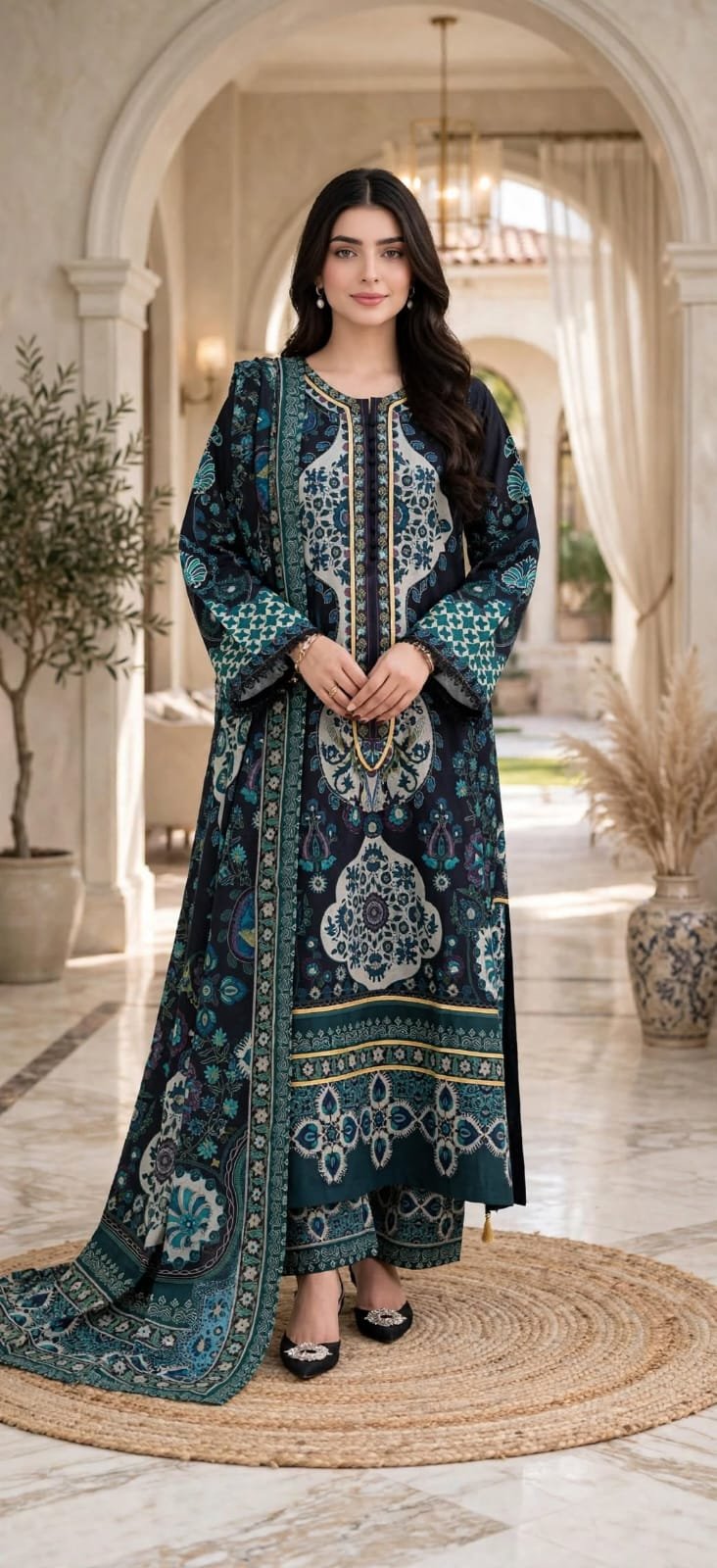 navy-teal-printed-3-piece-suit Navy Teal Printed 3 Piece Suit with Printed Dupatta - Image 1