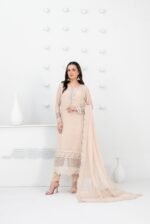 Peach Embroidered 3 Piece Suit with Cutwork Hem and Chiffon Dupatta