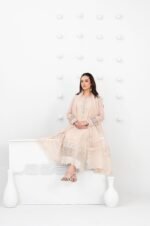 Peach Embroidered 3 Piece Suit with Cutwork Hem and Chiffon Dupatta - Image 2