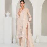 Peach Floral Embroidered 3 Piece Suit with Front Slit and Chiffon Dupatta