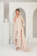 Peach Floral Embroidered 3 Piece Suit with Front Slit and Chiffon Dupatta