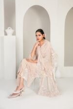 Peach Floral Embroidered 3 Piece Suit with Front Slit and Chiffon Dupatta - Image 2
