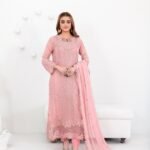 Pink Embroidered 3 Piece Suit with Geometric Cutwork Hem and Chiffon Dupatta