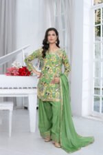 Pistachio Green Paisley Embroidered Three-Piece Shalwar Suit with Gota Dupatta