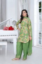 Pistachio Green Paisley Embroidered Three-Piece Shalwar Suit with Gota Dupatta - Image 3
