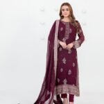 Plum Embroidered 3 Piece Suit with Border Chiffon Dupatta