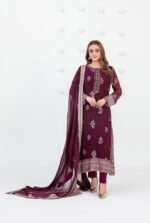Plum Embroidered 3 Piece Suit with Border Chiffon Dupatta