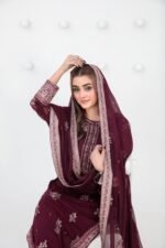 Plum Embroidered 3 Piece Suit with Border Chiffon Dupatta - Image 2