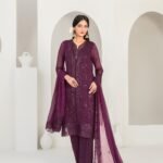Plum Sequin Embroidered 3 Piece Suit with Cutwork Chiffon Dupatta