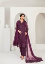 Plum Sequin Embroidered 3 Piece Suit with Cutwork Chiffon Dupatta