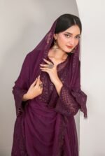 Plum Sequin Embroidered 3 Piece Suit with Cutwork Chiffon Dupatta - Image 2