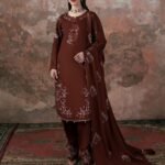 Rust Brown Embroidered Karandi 3 Piece Suit with Embroidered Shawl