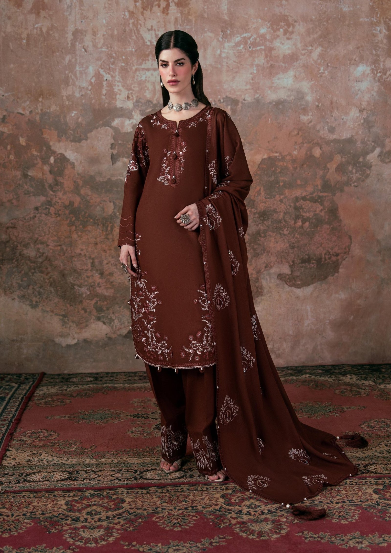 rust-brown-embroidered-karandi-suit-1 Rust Brown Embroidered Karandi 3 Piece Suit with Embroidered Shawl - Image 1