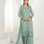Sage Green Embroidered 3 Piece Suit with Embroidered Palazzo and Chiffon Dupatta