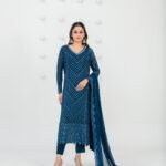 Teal Blue Sequin Chevron Embroidered 3 Piece Suit with Cutwork Dupatta