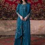 Teal Blue Embroidered Karandi 3 Piece Suit with Organza Sleeves and Shawl