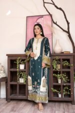Teal Green Embroidered Kaftan with Ivory Yoke, Tassel Tie Neck and Olive Sequin Sleeves