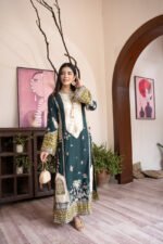Teal Green Embroidered Kaftan with Ivory Yoke, Tassel Tie Neck and Olive Sequin Sleeves - Image 2