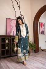 Teal Green Embroidered Kaftan with Ivory Yoke, Tassel Tie Neck and Olive Sequin Sleeves - Image 3