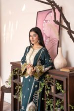 Teal Green Embroidered Kaftan with Ivory Yoke, Tassel Tie Neck and Olive Sequin Sleeves - Image 4