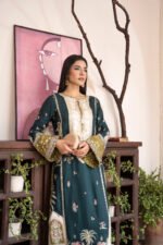Teal Green Embroidered Kaftan with Ivory Yoke, Tassel Tie Neck and Olive Sequin Sleeves - Image 5