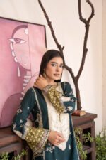 Teal Green Embroidered Kaftan with Ivory Yoke, Tassel Tie Neck and Olive Sequin Sleeves - Image 6