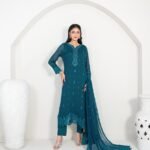 Teal Blue Sequin Embroidered 3 Piece Suit with Floral Cutwork Hem and Chiffon Dupatta