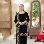 Black Velvet Embroidered 3 Piece Suit with Embroidered Velvet Shawl