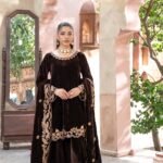 Coffee Brown Velvet Embroidered 3 Piece Suit with Embroidered Velvet Shawl