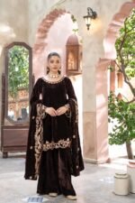 Coffee Brown Velvet Embroidered 3 Piece Suit with Embroidered Velvet Shawl