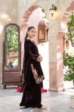 Coffee Brown Velvet Embroidered 3 Piece Suit with Embroidered Velvet Shawl - Image 2